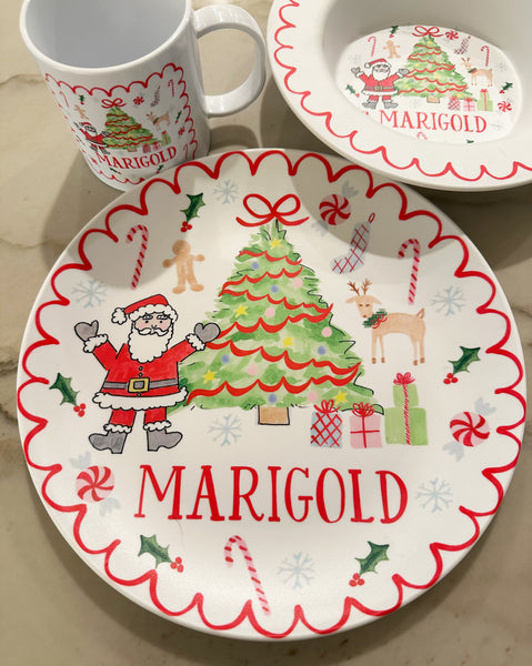 Christmas Tree with Santa Kids Personalized Plate Bowl Cup Placemat | Personalized Kid Christmas Plate