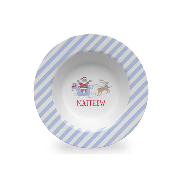 Santa Sleigh Personalized Kids Christmas Plate, Bowl, and Cup Set in Blue