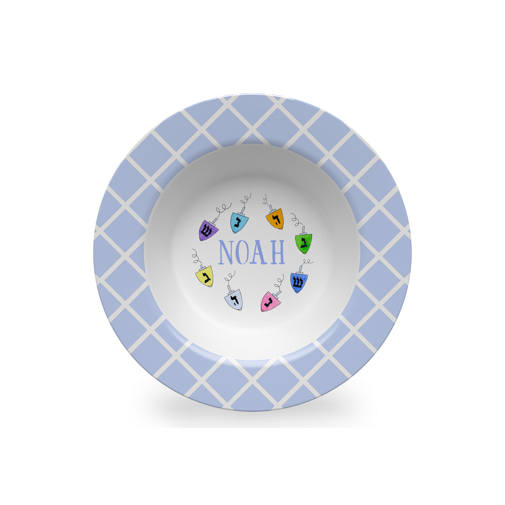 Dreidels Personalized Kids Bowl in Blue for Hanukkah