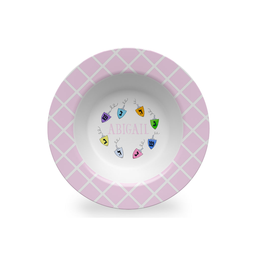 Dreidels Personalized Kids Bowl in Pink for Hanukkah