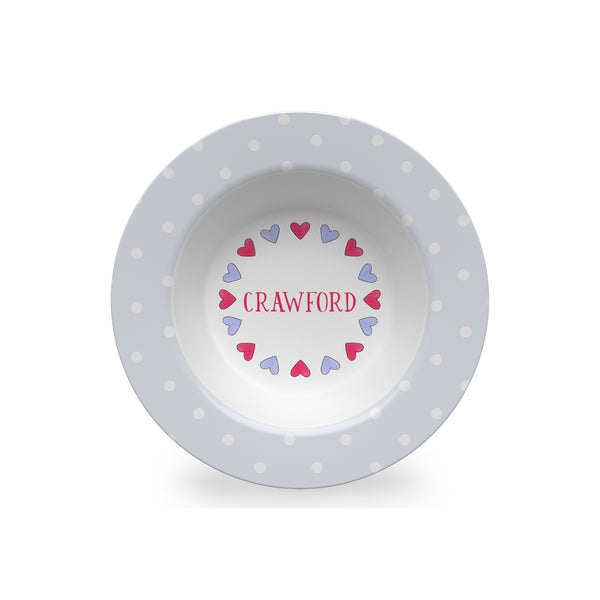 Hearts in Periwinkle and Red Personalized Kids Plate, Bowl, and Cup Set | Valentine Childrens Dishes