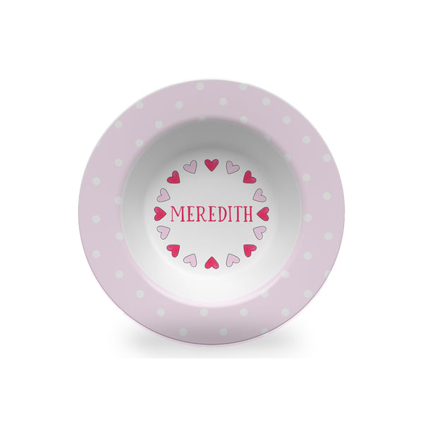 Hearts in Red and Pink Personalized Kids Plate, Bowl, and Cup Set | Valentine Childrens Dishes