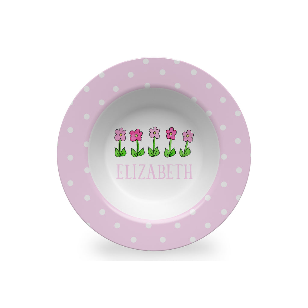 row of flowers melamine kids bowl personalized