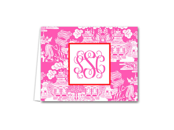 personalized chinoiserie folded note card notecard pagoda print asian custom monogram intials