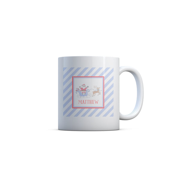 Santa Sleigh Personalized Kids Christmas Plate, Bowl, and Cup Set in Blue