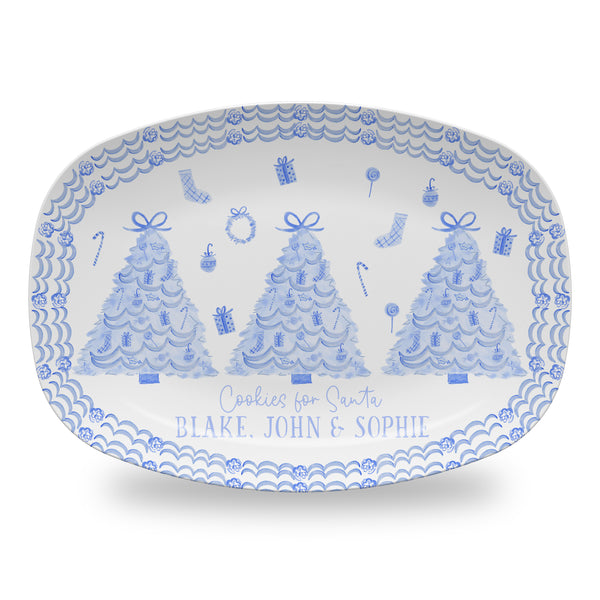 Personalized Cookies for Santa Plate Custom Holiday Platter Hostess Gift Tray in Blue Toile