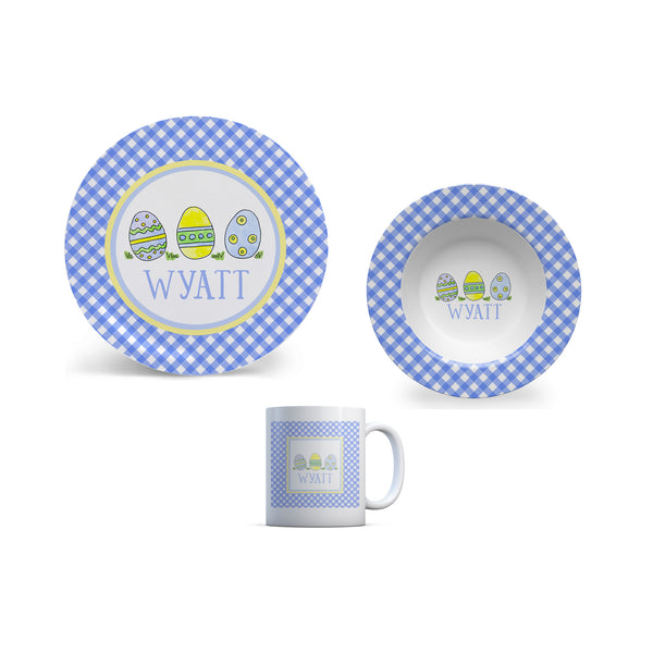Easter Personalized Kids Plate, Bowl, and Cup Set | Easter Childrens Dishes in Blue