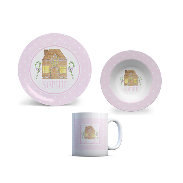 Christmas kid plate personalized gingerbread house pink bowl placemat cup