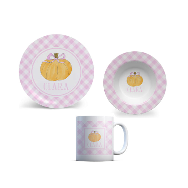 kid Halloween plate pumpkin with pink bow bowl placemat