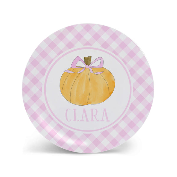 kid Halloween plate pumpkin with pink bow