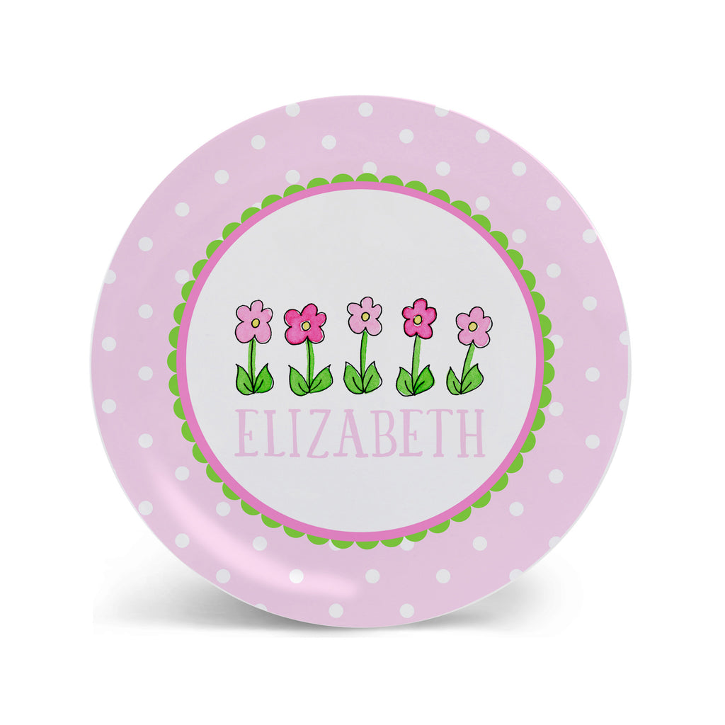 row of flowers melamine personalized plate for kids