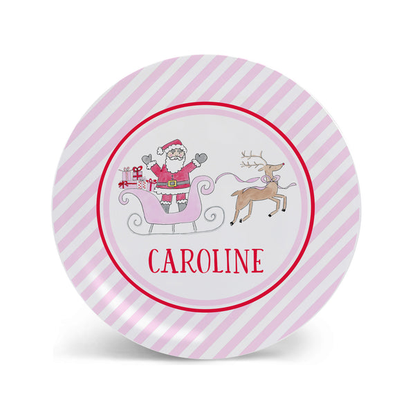 Santa Sleigh Personalized Kids Christmas Plate, Bowl, and Cup Set in Pink