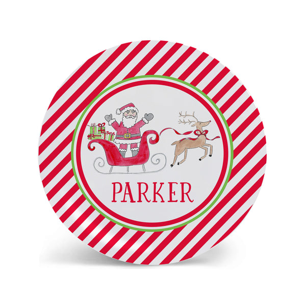 Santa Sleigh Personalized Kids Christmas Plate, Bowl, and Cup Set in Red
