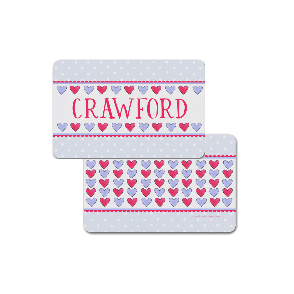 Hearts in Blue and Red Personalized Kids Placemat