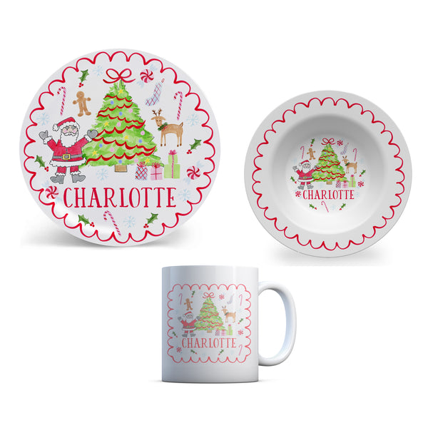 Christmas Tree with Santa Kids Personalized Plate Bowl Cup Placemat | Personalized Kid Christmas Plate