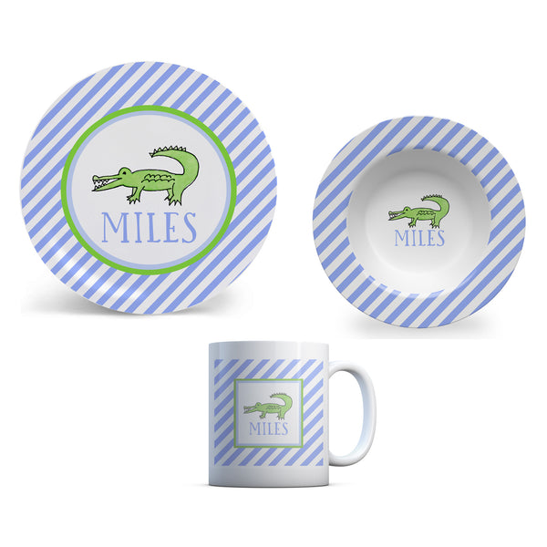 Alligator Blue Personalized Kids Plate, Bowl, and Cup Set  | Kids Tableware Childrens Dishes