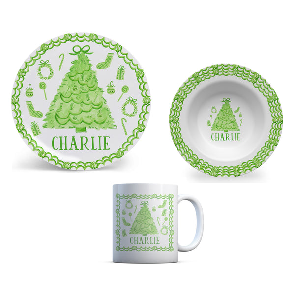 Kid Christmas Plate set Kid plate personalized dinner plate bowl cup Christmas child plate Green Toile