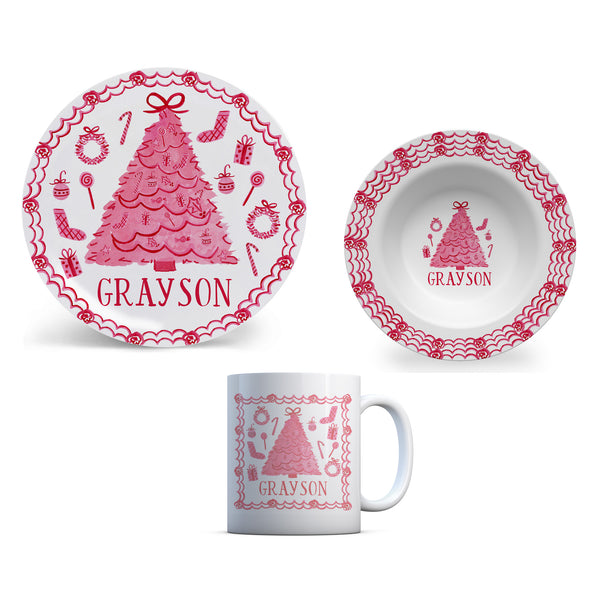 Kid Christmas Plate Kid personalized plate dinner plate bowl cup set Christmas child plate Red Toile