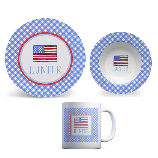 American Flag Plate Bowl Cup Placemat | Personalized Kids Plate for 4th of July | Patriotic Tableware