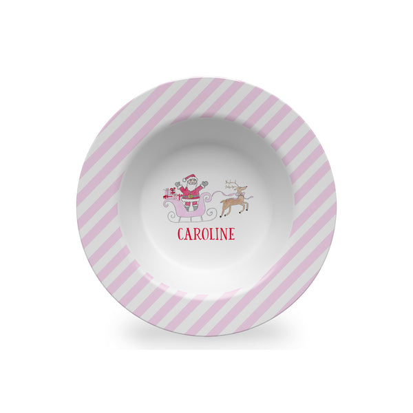 Santa Sleigh Personalized Kids Christmas Plate, Bowl, and Cup Set in Pink