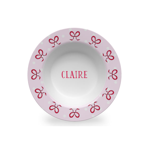 personalized kid Valentine bowl girl bows pink red melamine
