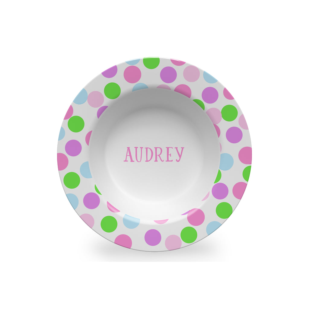 kids personalized melamine bowl with polka dots