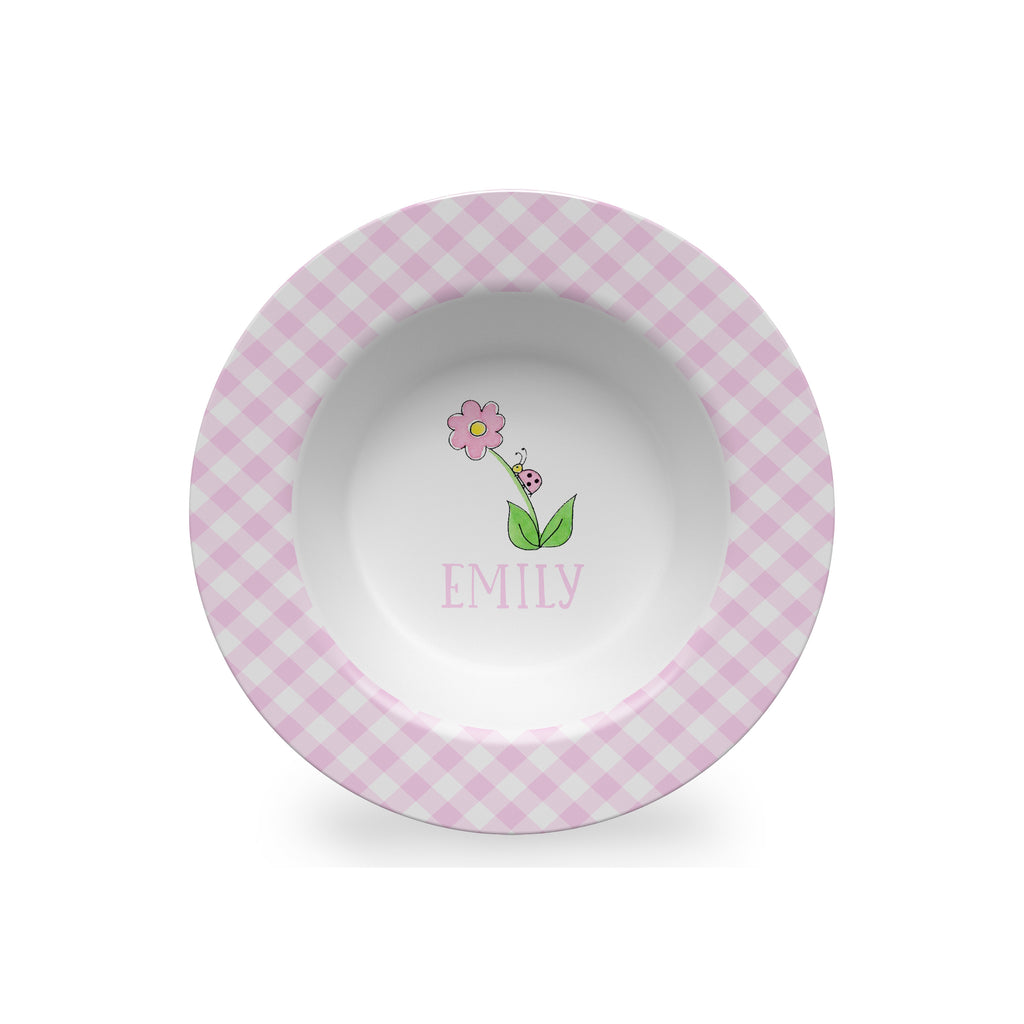 personalized melamine kids bowl with bug on a flower
