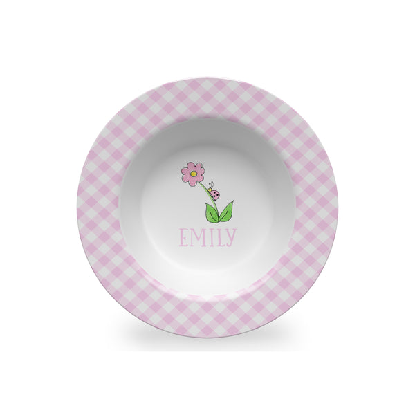 personalized melamine kids bowl with bug on a flower