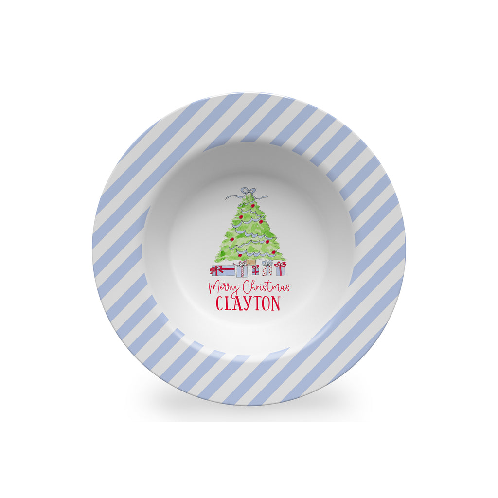 Christmas Tree with Presents Personalized Kids Bowl in Blue and Red