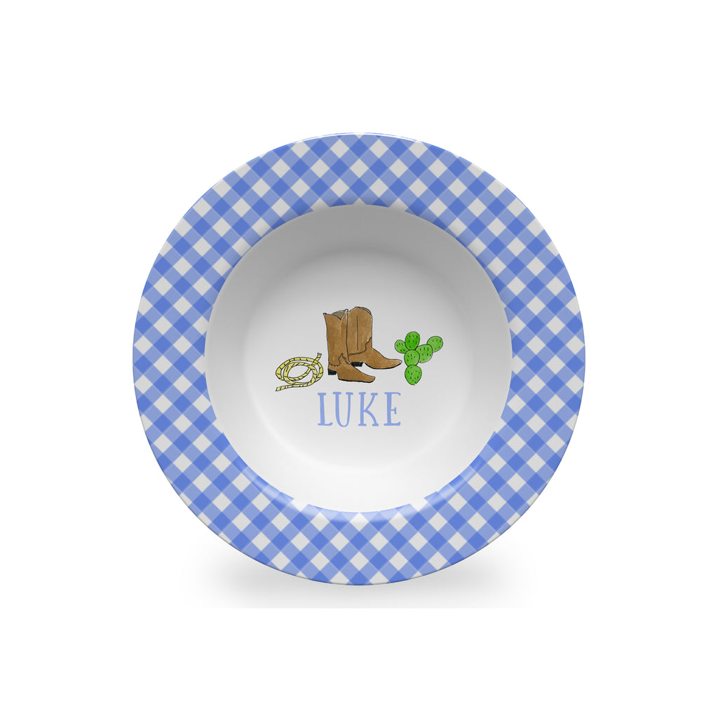 Cowboy Boots Personalized Kids Bowl in Blue