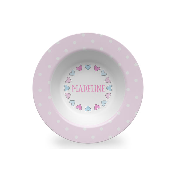 Hearts in Pink and Blue Personalized Kids Plate, Bowl, and Cup Set | Valentine Childrens Dishes