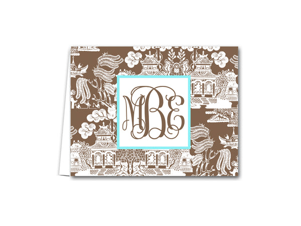 personalized chinoiserie folded note card notecard pagoda print asian custom monogram intials