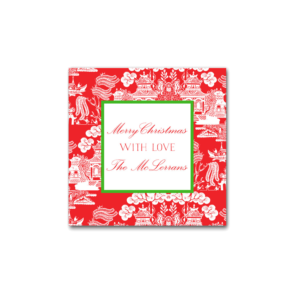 Holiday Chinoiserie Pattern Square Gift Stickers Labels in Red with Kelly Green Christmas
