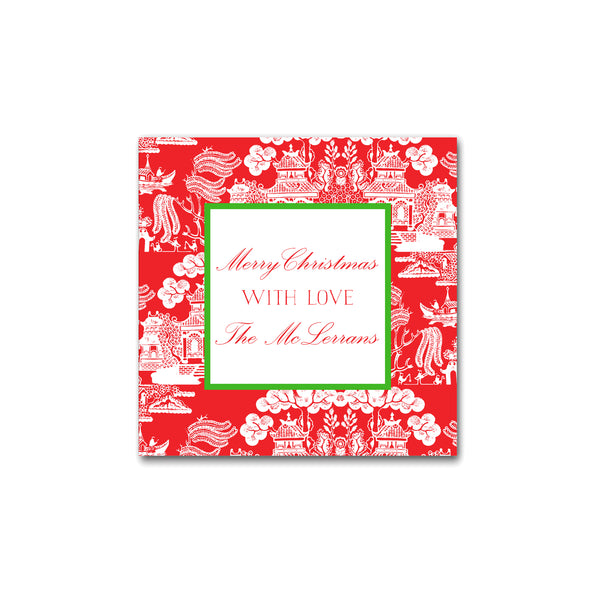 Holiday Chinoiserie Pattern Square Gift Stickers Labels in Red with Kelly Green Christmas