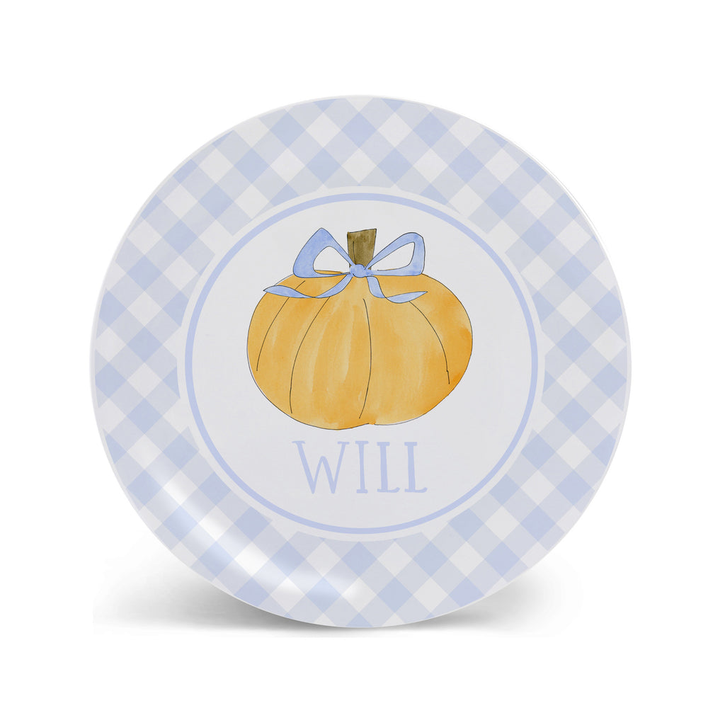 kid Halloween plate pumpkin with blue bow