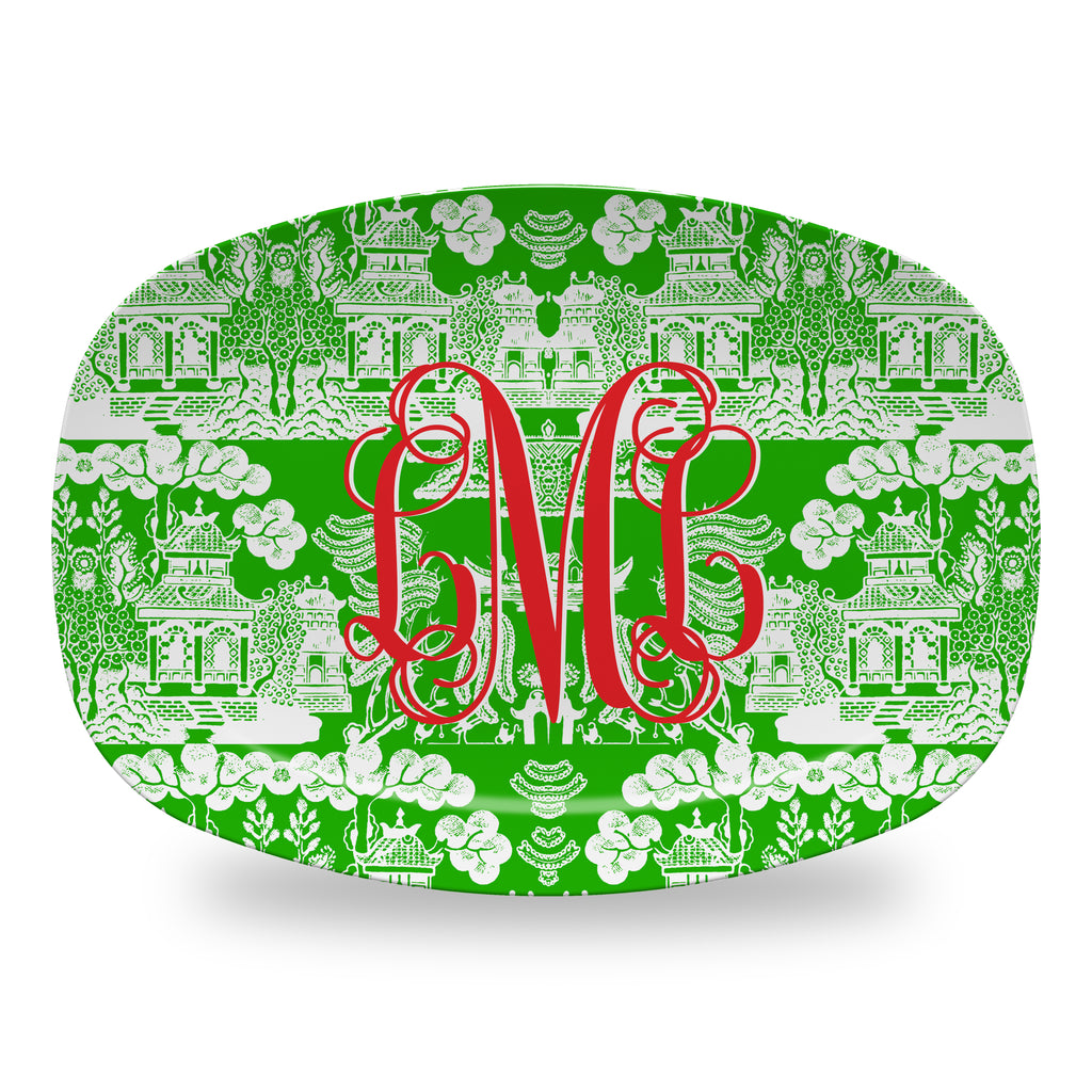 Holiday Chinoiserie Platter in Kelly Green with Personalized Red Monogram Platter Tray