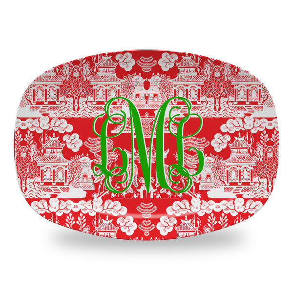 Holiday Chinoiserie Platter in Red with Personalized Kelly Green Monogram Platter Tray