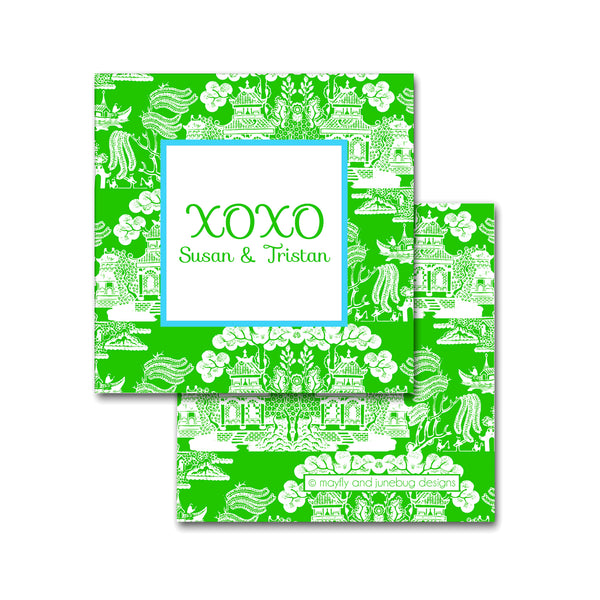 green chinoiserie calling cards enclosures square personalized