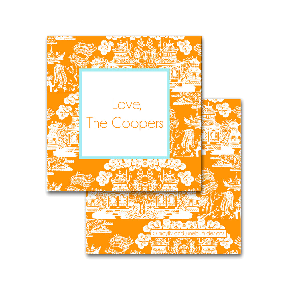 Chinoiserie Pattern Square Calling Cards in Orange with Robins Egg Blue
