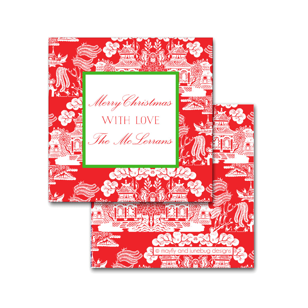 Holiday Chinoiserie Pattern Square Calling Cards in Red with Kelly Green Christmas Tags