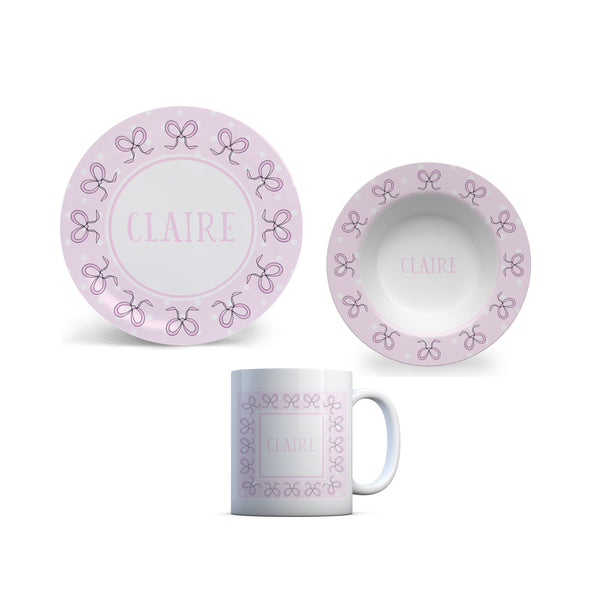 personalized kid plate girl bows pink melamine bowl cup set