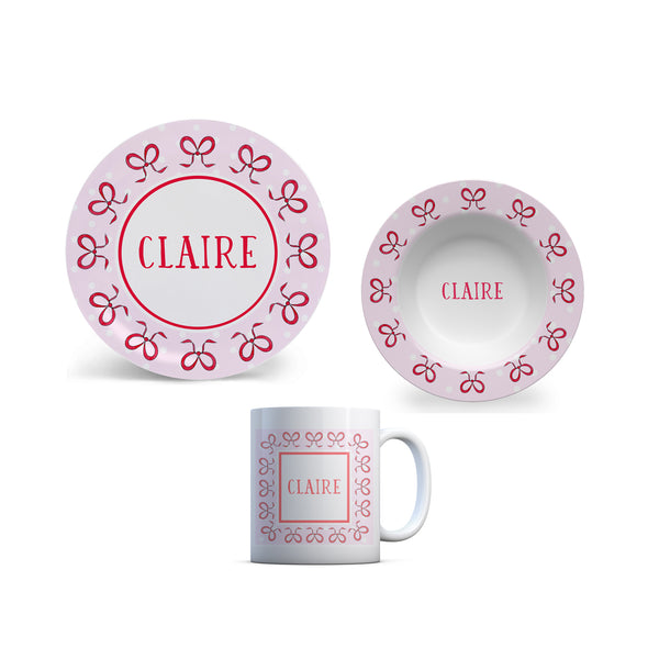 personalized kid Valentine plate girl bows pink red melamine bowl cup set