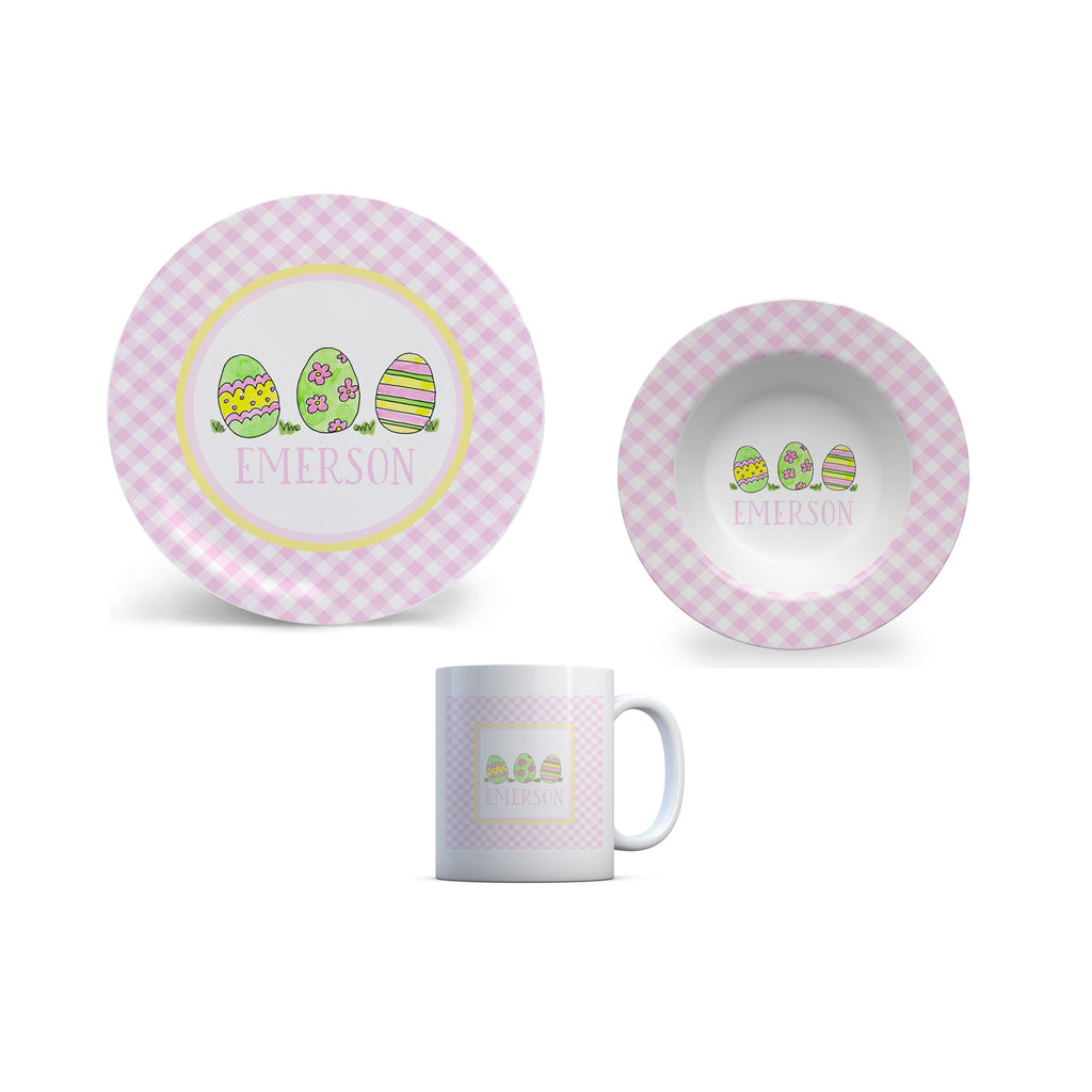 Easter Personalized Kids Plate, Bowl, and Cup Set | Easter Childrens Dishes in Pink