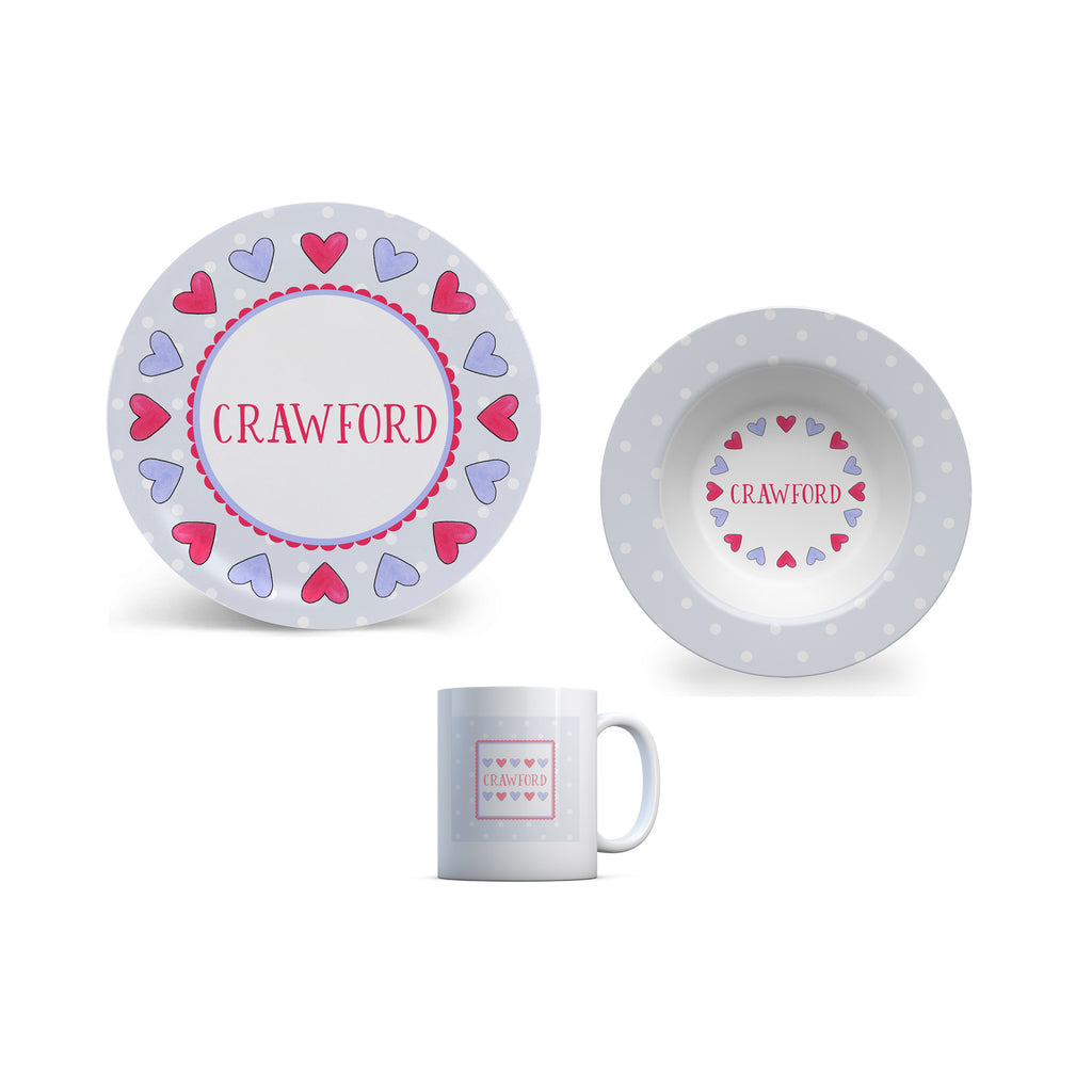 Hearts in Periwinkle and Red Personalized Kids Plate, Bowl, and Cup Set | Valentine Childrens Dishes