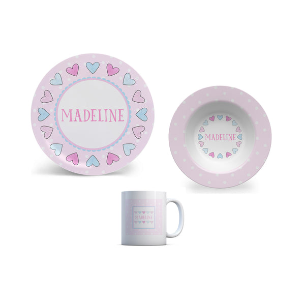 Hearts in Pink and Blue Personalized Kids Plate, Bowl, and Cup Set | Valentine Childrens Dishes