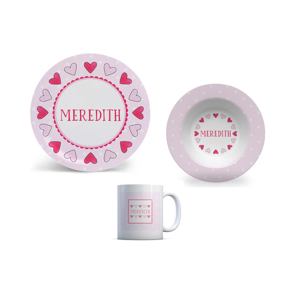 Hearts in Red and Pink Personalized Kids Plate, Bowl, and Cup Set | Valentine Childrens Dishes
