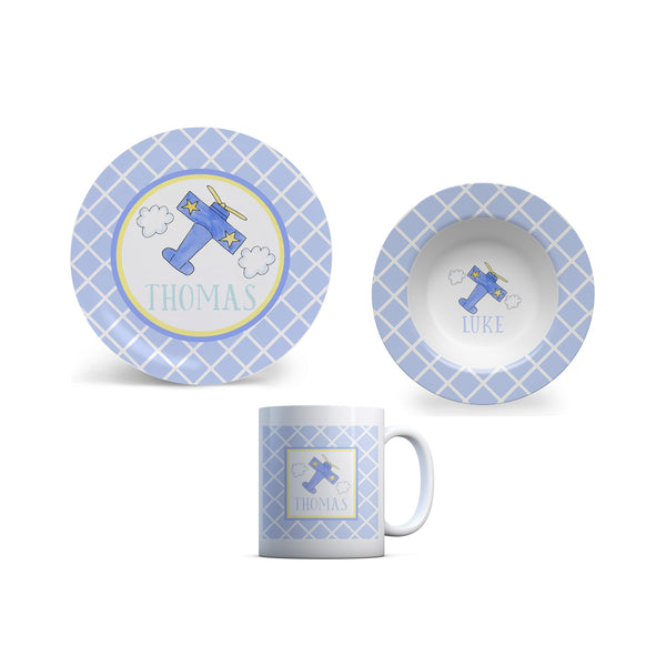 personalized kid plate bowl cup set airplane