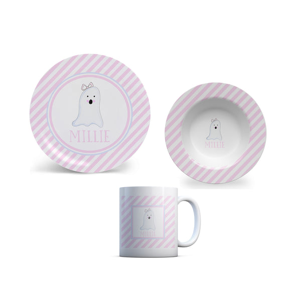 kid Halloween plate ghost pink bowl cup set