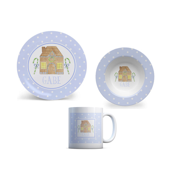 Christmas kid plate personalized gingerbread house blue bowl cup set