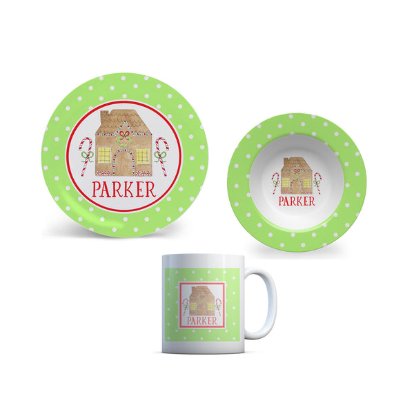 Christmas kid plate personalized gingerbread house green bowl placemat cup